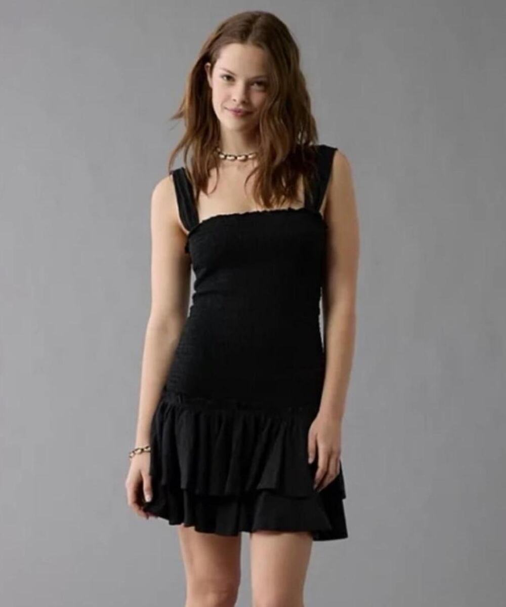 American Eagle Black Smocked Drop Waist Ruffle Mini Dress XL Y2K Twee Mall Goth